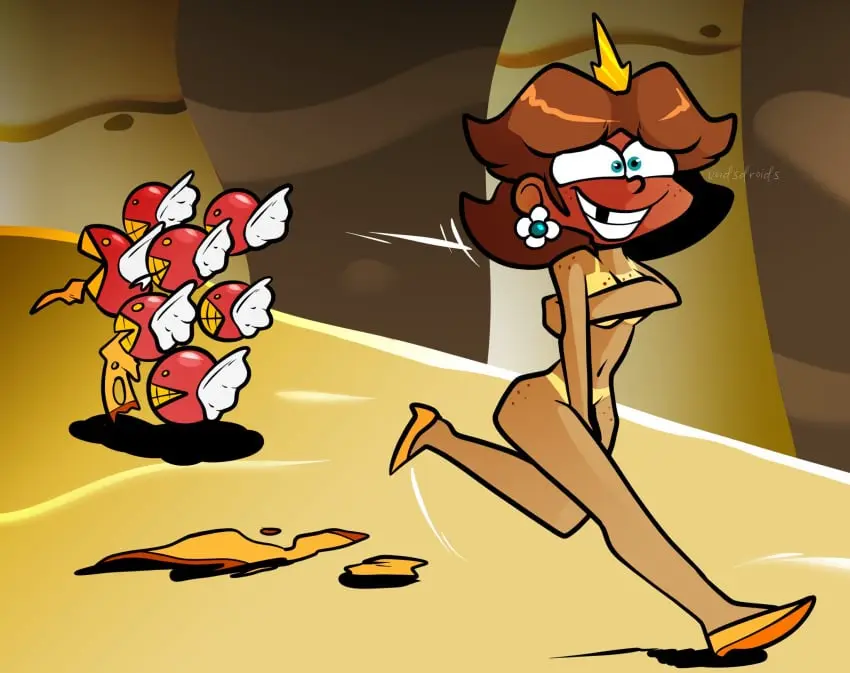 Image blush,breasts,female,smile,blue_eyes,nude,short_hair,ass,earrings,embarrassed,hips,tagme,naked,brown_hair,tanline,dark-skinned_female,mario_(series),princess_daisy,running,covering,crown,ripped_clothing,running_away,missing_tooth,voidsdroids,ripped_clothes