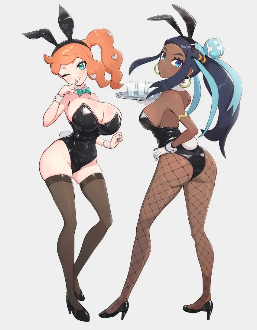 Image breasts,female,female_only,hi_res,light-skinned_female,light_skin,long_hair,looking_at_viewer,simple_background,2girls,blue_eyes,blue_hair,pokemon,thighhighs,ass,big_ass,looking_back,thighs,dark_skin,orange_hair,sideboob,huge_breasts,one_eye_closed,wink,stockings,bunny_ears,bunny_girl,dark-skinned_female,nintendo,high_heels,side_ponytail,bunny_tail,bunnysuit,fishnets,gonzarez,nessa_(pokemon),aqua_eyes,breast_size_difference,dark_blue_hair,pokemon_ss,sonia_(pokemon),chocolate_and_vanilla,serving_tray