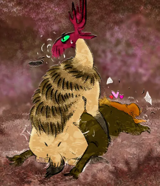 Image simple_background,sweat,tail,lying,sex,duo,looking_away,from_behind_position,tan_body,green_eyes,sitting,thrusting,trembling,ambiguous_gender,bodily_fluids,claws,horn,antlers,motion_lines,speech_bubble,breath,markings,plant,brown_body,short_tail,feral,heart_symbol,nervous,nervous_sweat,shaking,orange_markings,looking_aside,between_legs,emanata,whiskers,frill_(anatomy),waist_grab,on_front,brown_markings,red_markings,grey_markings,rain_world,videocult,impact_lines,kayw2324,scavenger_(rain_world)