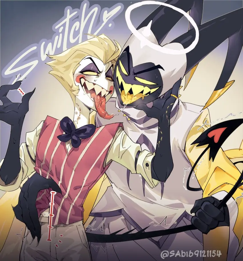 Image blush,male,tail,tongue_out,2boys,male_only,yaoi,artist_name,artist_request,gay,saliva,bara,bite_mark,2024,blush_lines,saliva_trail,hazbin_hotel,hand_gesture,adam_(hazbin_hotel),the_first_man,tail_grab,implied_kiss,masked_male,hand_on_face,lucifer_morningstar_(hazbin_hotel),lustful_gaze,tail_around_arm