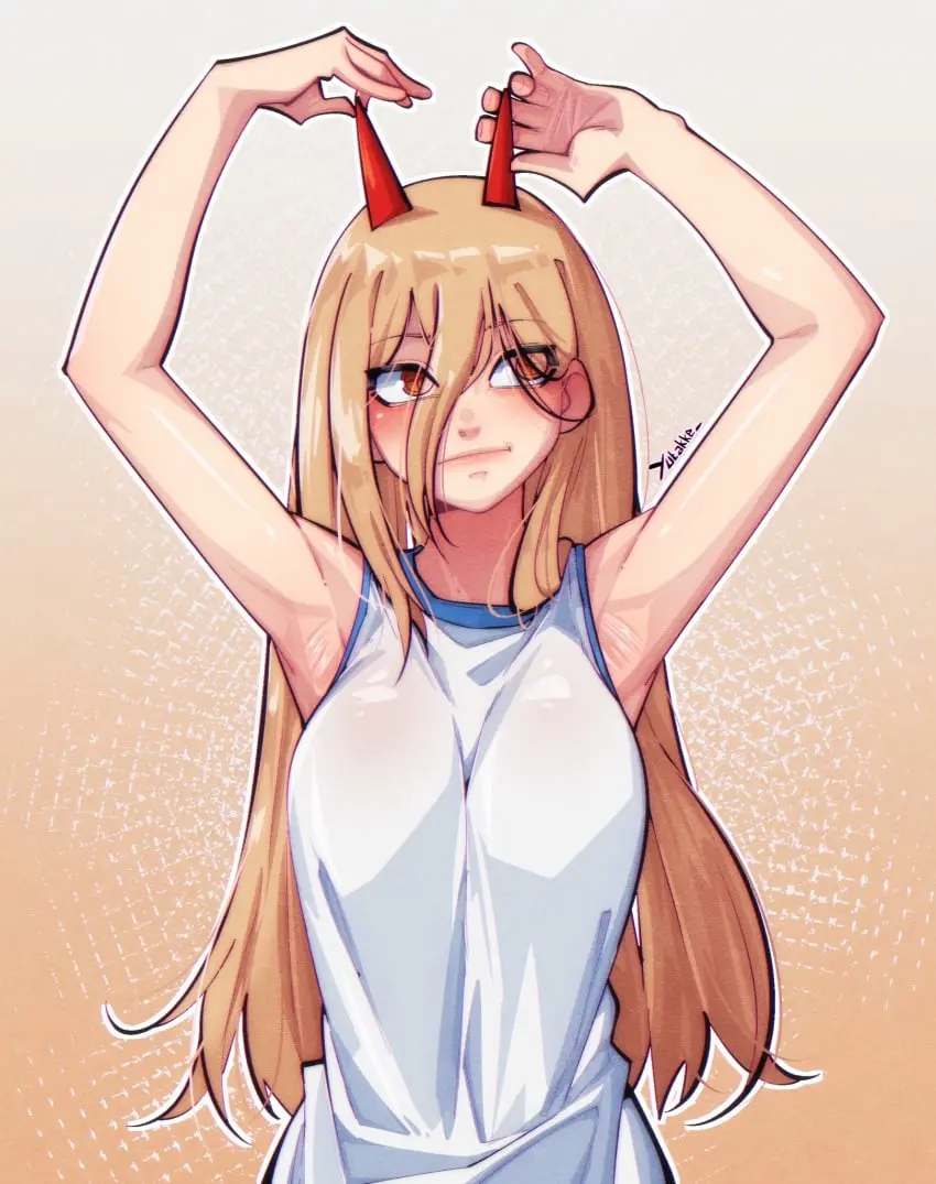 Image 1girls,female,long_hair,solo,standing,female_focus,armpits,arms_up,cleavage,eyebrows_visible_through_hair,solo_focus,demon,horn,signature,fully_clothed,tank_top,chainsaw_man,power_(chainsaw_man),looking_up,eyes_visible_through_hair,yutakke