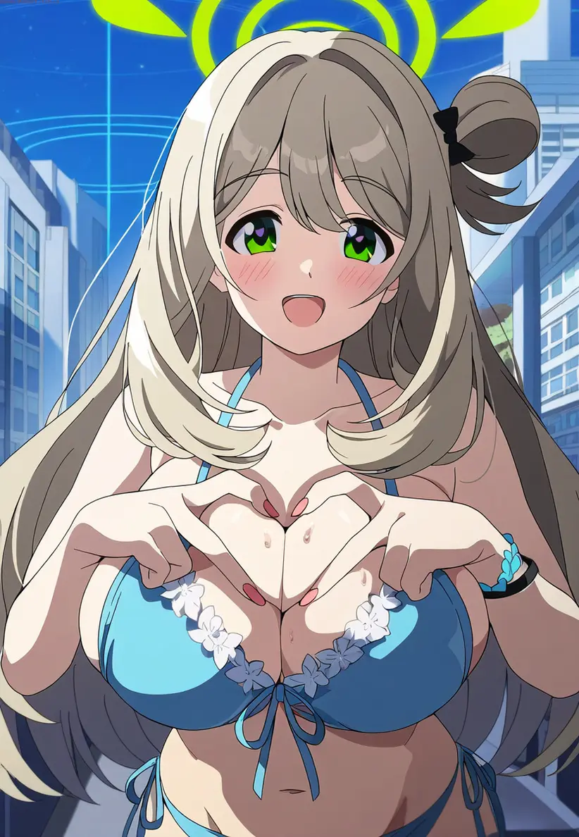Image big_breasts, breasts, female, large_breasts, long_hair, looking_at_viewer, blue_archive, areola, smiling, smiling_at_viewer, ai_generated, huge_breasts, blonde_hair, green_eyes, novelai, nonomi_(blue_archive), dasein, nonomi_(swimsuit)_(blue_archive), heart_hands, heart_shape, heart_fingers