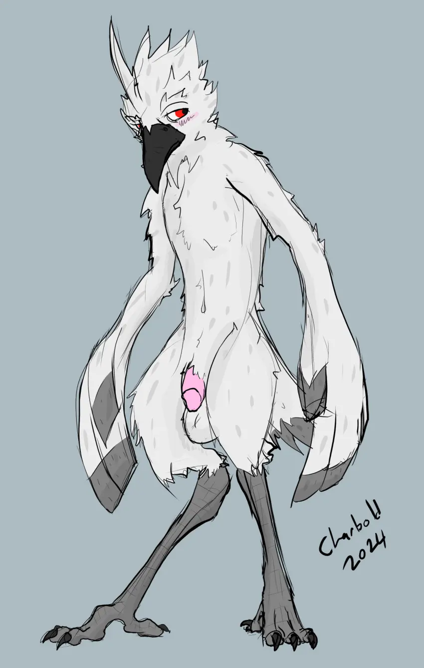 Image hi_res,red_eyes,simple_background,solo,male,nude,penis,tail,humanoid,male_only,digital_media_(artwork),balls,feathers,anthro,asian_mythology,japanese_mythology,mythology,flaccid,genitals,white_body,male_focus,avian,beak,bird,white_feathers,east_asian_mythology,albino,charbold