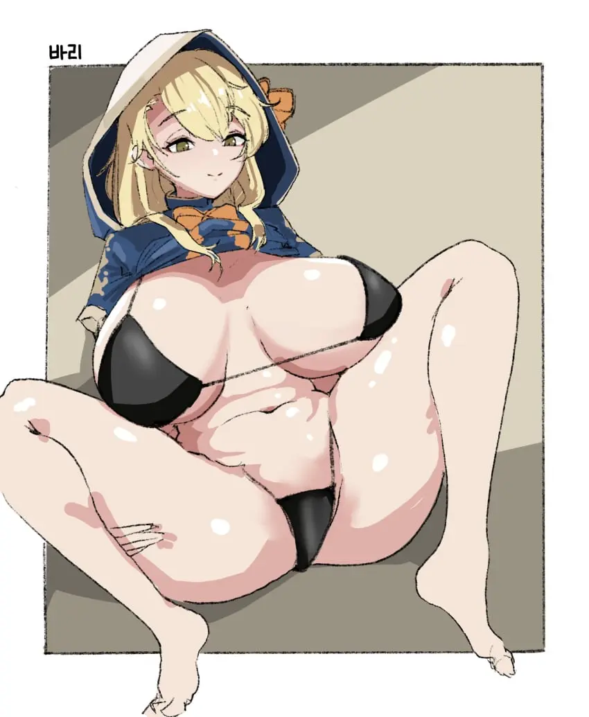 Image big_breasts,breasts,female,short_hair,blonde_hair,alternate_version_available,black_bikini,legs_apart,bad_id,bad_pixiv_id,hooded_cloak,guardian_tales,vlzkcbqorn,bari_(guardian_tales),dark_green_eyes,flower_girl_bari_(guardian_tales)