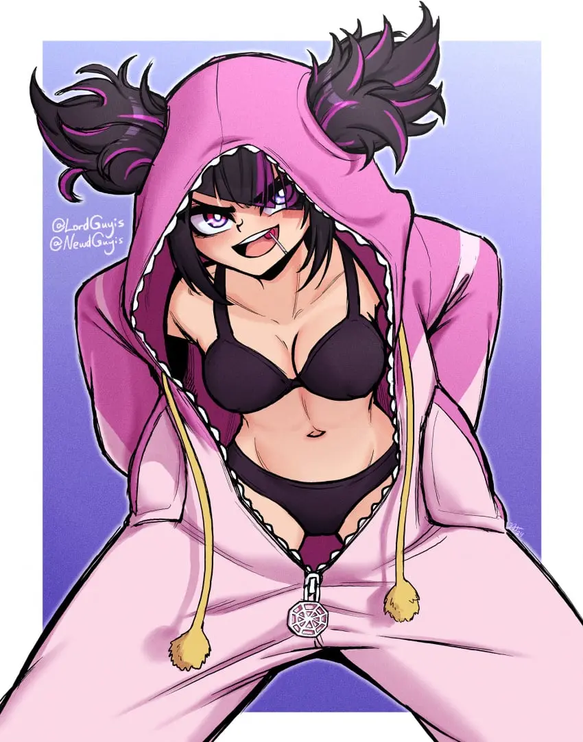 Image 1girls,breasts,female,female_only,hands_in_pockets,light-skinned_female,looking_at_viewer,smile,solo,bra,panties,underwear,multicolored_hair,athletic,medium_breasts,alternate_version_available,black_panties,heterochromia,athletic_female,hoodie,black_underwear,street_fighter,street_fighter_6,black_bra,pajamas,juri_han,lollipop,onesie,lordguyis,hair_streak