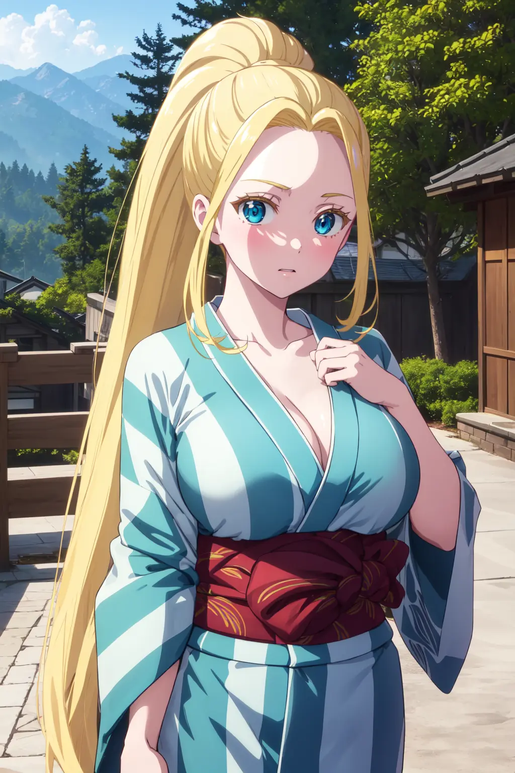 Image big_breasts,breasts,female,nipples,blue_eyes,ponytail,ai_generated,huge_breasts,blonde_hair,bed,outdoors,japanese_clothes,zom_100:_zombie_ni_naru_made_ni_shitai_100_no_koto,beatrix_amerhauser,kiraaiart