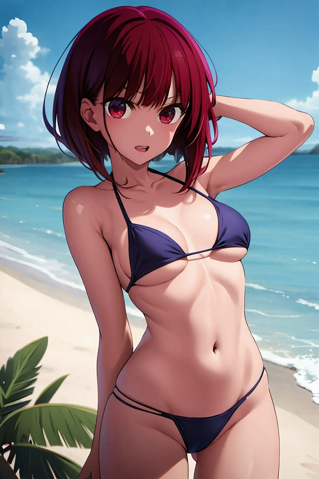 Image 1girls,breasts,female,female_only,looking_at_viewer,red_eyes,navel,short_hair,red_hair,bikini,small_breasts,thighs,beach,hands_behind_head,ocean,ai_generated,underboob,petite,fit,fit_female,bikini_top,bikini_bottom,oshi_no_ko,arima_kana