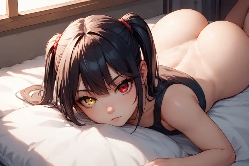 Image red_eyes,black_hair,yellow_eyes,lying,ass,ponytail,ai_generated,naked,bed,bedroom,lying_on_bed,lying_on_stomach,date_a_live,tokisaki_kurumi,kiraaiart