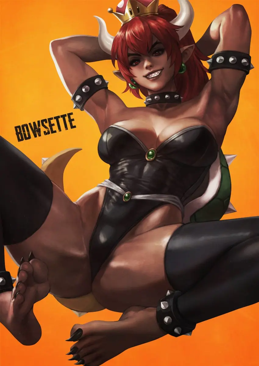 Image 1girls,female,red_eyes,tail,red_hair,earrings,barefoot,dark_skin,muscular,horns,cleavage,grin,legs,pointy_ears,busty,dark-skinned_female,mario_(series),nintendo,sharp_teeth,muscular_female,spikes,crown,spiked_collar,sharp_claws,new_super_mario_bros._u_deluxe,bowsette,turtle_shell,red_bowsette,monorirogue