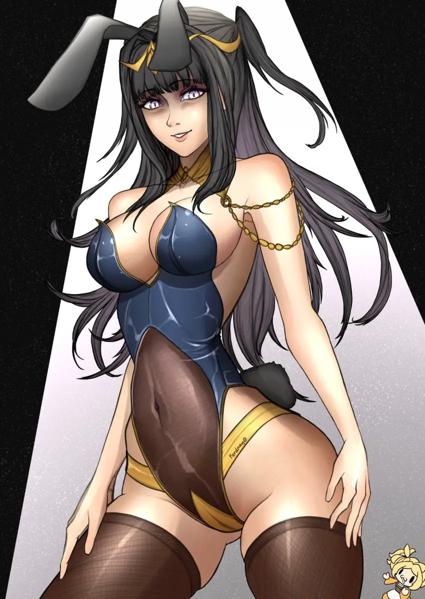 Image breasts,female,female_only,looking_at_viewer,solo,bunny_ears,bunny_girl,nintendo,alternate_costume,fire_emblem,fire_emblem_awakening,bunnysuit,tharja_(fire_emblem),ferdnayart