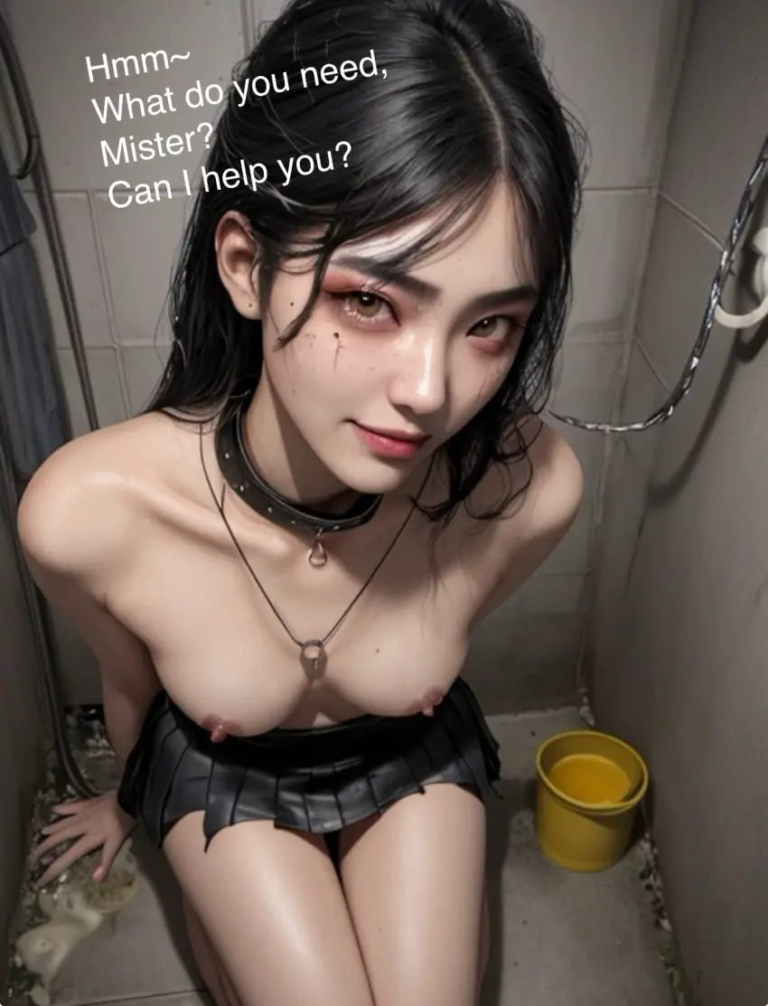 Image 1girls,breasts,female,kneeling,ai_generated,sitting,topless,collar,bathroom,submissive_female,leash,asian,asian_female,chained,toilet,messy,chained_up,korean,korean_female,human_toilet