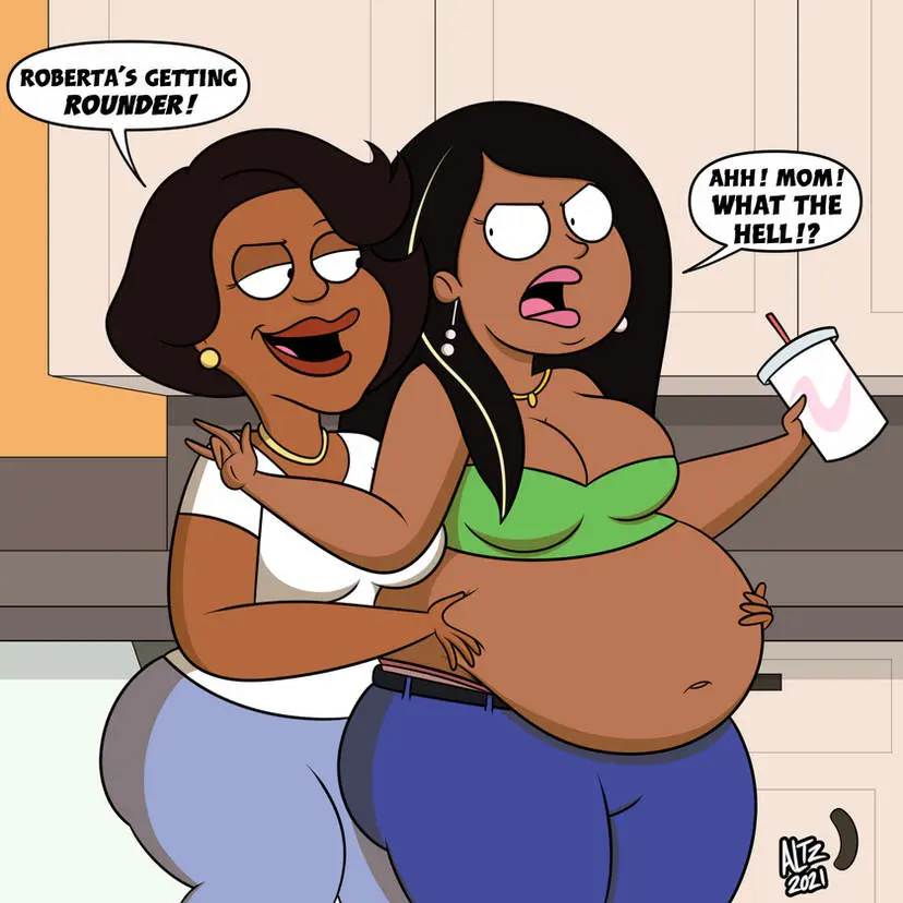 Image female, 2girls, multiple_girls, dark_skin, dark-skinned_female, teasing, text_bubble, mother_and_daughter, fat, overweight, bbw, food, weight_gain, family_guy, feederism, forced_presentation, teasing_another, altzegoz_(artist), belt_snapping, donna_tubbs, roberta_tubbs