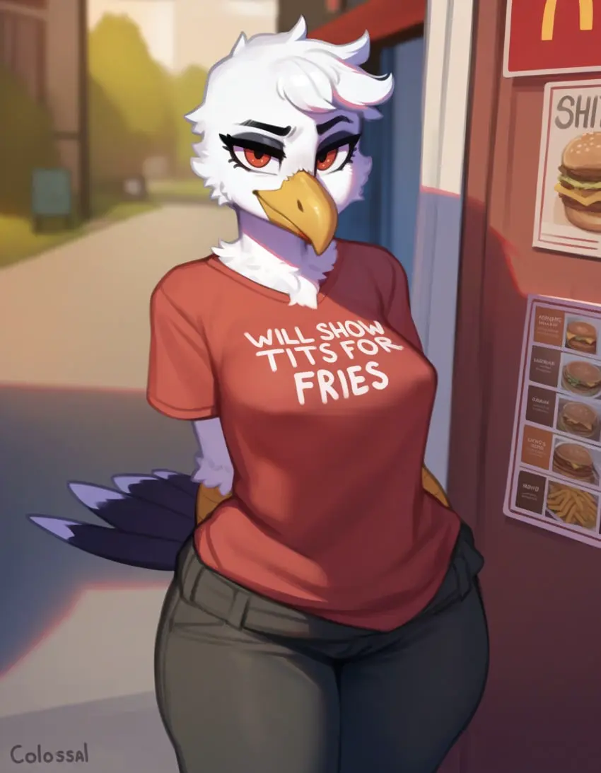 Image breasts,female,female_only,looking_at_viewer,shirt,smile,solo,standing,tail,furry,seductive,seductive_look,seductive_smile,ai_generated,solo_female,anthro,text,tagme,2024,teasing,teasing_viewer,avian,beak,bird,suggestive_text,mcdonald's,bird_tail,seagull,fast_food_restaurant,colossal_exhoost_fume,larid,suggestive_shirt