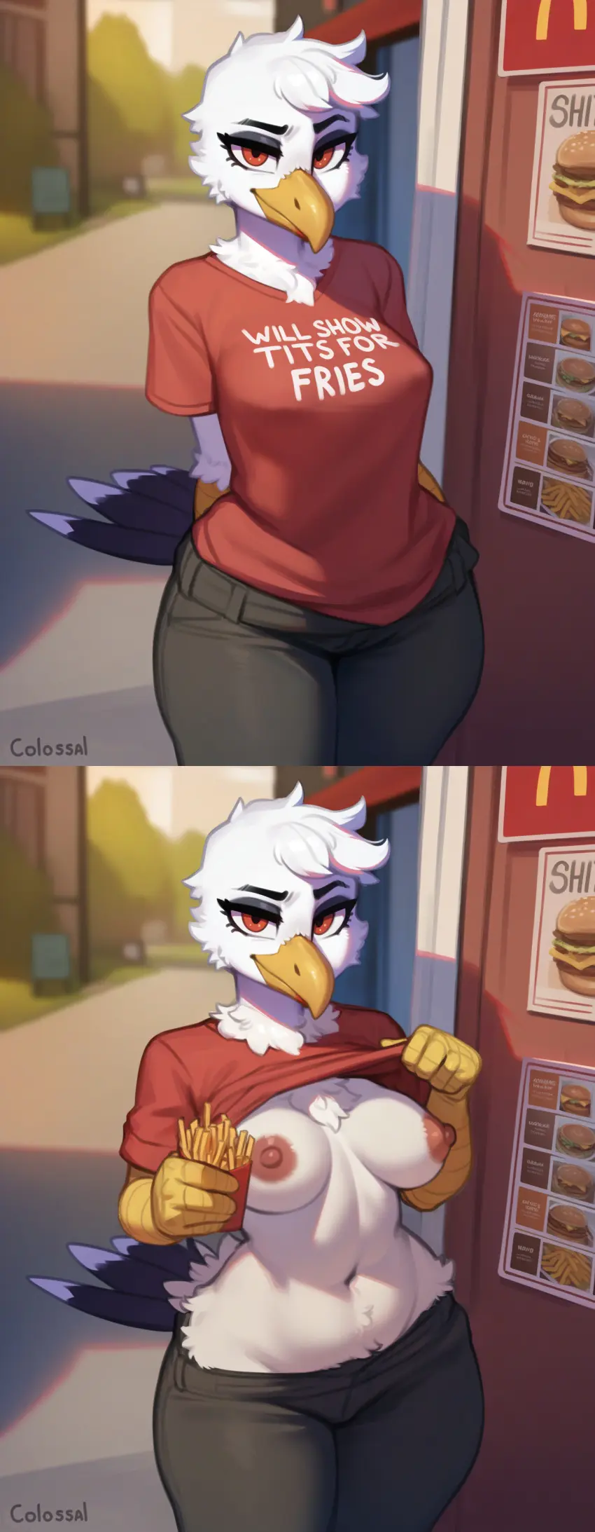 Image breasts,female,female_only,looking_at_viewer,nipples,no_bra,shirt,smile,solo,standing,navel,tail,furry,seductive,seductive_look,seductive_smile,ai_generated,solo_female,anthro,text,tagme,shirt_lift,presenting_breasts,2024,teasing,teasing_viewer,avian,beak,bird,before_and_after,flashing,flashing_breasts,suggestive_text,chest_tuft,shirt_up,mcdonald's,bird_tail,on/off,french_fries,fries,seagull,fast_food_restaurant,colossal_exhoost_fume,larid,suggestive_shirt