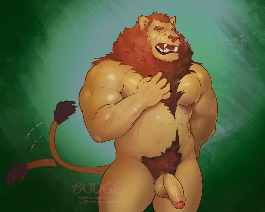 Image 2023,hi_res,looking_at_viewer,nipples,open_mouth,simple_background,solo,standing,male,nude,penis,tail,muscular,male_only,teeth,balls,anthro,veiny_penis,flaccid,genitals,mammal,biceps,pecs,fangs,foreskin,uncircumcised,male_focus,abs,green_background,happy_trail,vein,hand_behind_back,felid,pubes,lion,pantherine,yellow_sclera,body_hair,masculine_male,muscular_arms,muscular_legs,mature_male,chest_hair,mane,tail_motion,deltoids,hand_on_chest,triceps,yawn,belly_hair,budgeart,chipped_tooth,broken_tooth