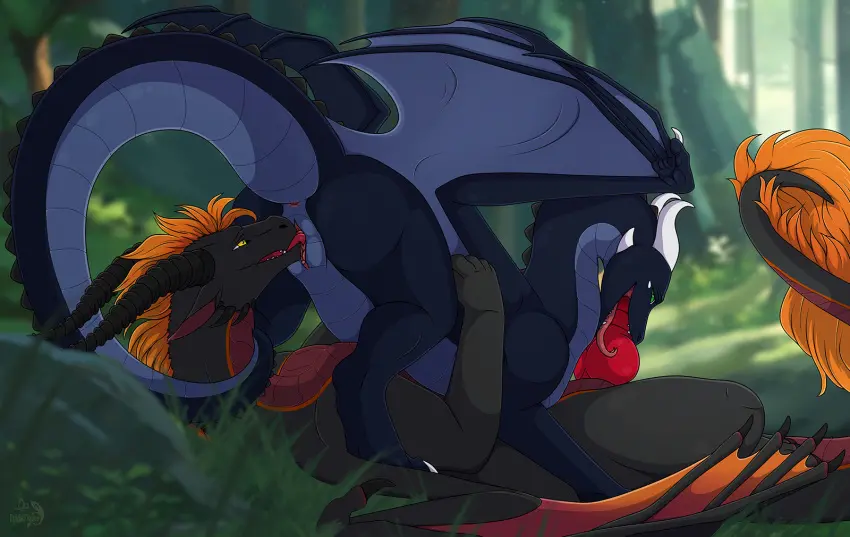 Image female, hi_res, male, oral, penis, pussy, yellow_eyes, tongue, sex, duo, male/female, anus, mythology, original_character, red_penis, vaginal_penetration, penetration, genitals, claws, horn, white_horn, cunnilingus, oral_penetration, blue_body, scales, scalie, 69_position, tree, knot, plant, mythological_creature, dragon, mythological_scalie, feral, pink_tongue, rock, grass, mane, blue_scales, white_claws, pink_anus, belly_scales, pink_pussy, red_knot, red_tongue, lumion, dirty.paws, fridaflame, orange_mane