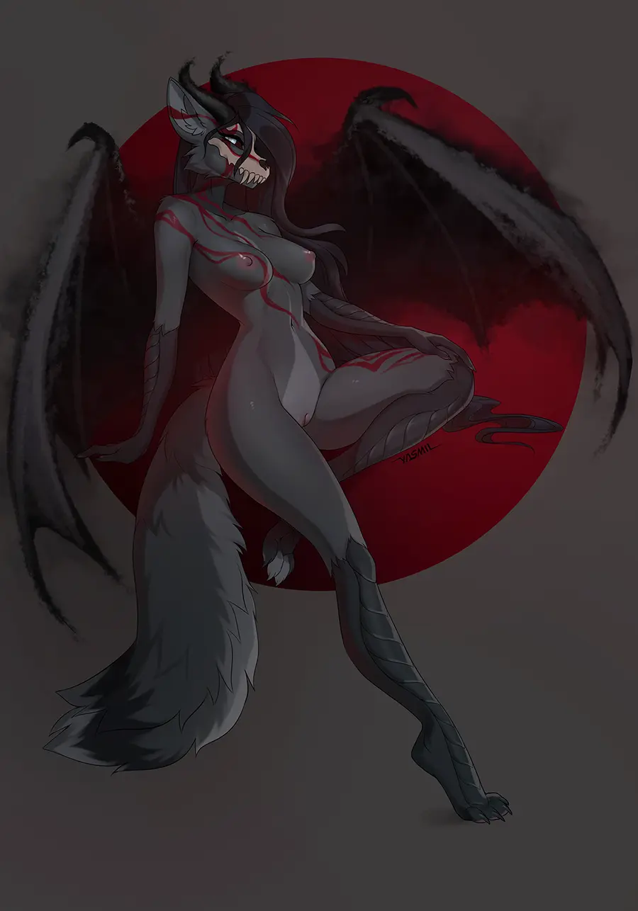 Image breasts,female,hi_res,nipples,solo,black_hair,blue_eyes,navel,nude,pussy,areola,feet,collarbone,eyelashes,hair,wings,anthro,medium_breasts,canid,canine,fur,genitals,grey_body,grey_fur,mammal,black_body,horn,markings,tuft,skull,bone,black_fur,hand_on_leg,inner_ear_fluff,innie_pussy,red_sclera,skull_head,membrane_(anatomy),membranous_wings,red_markings,hand_on_knee,yasmil