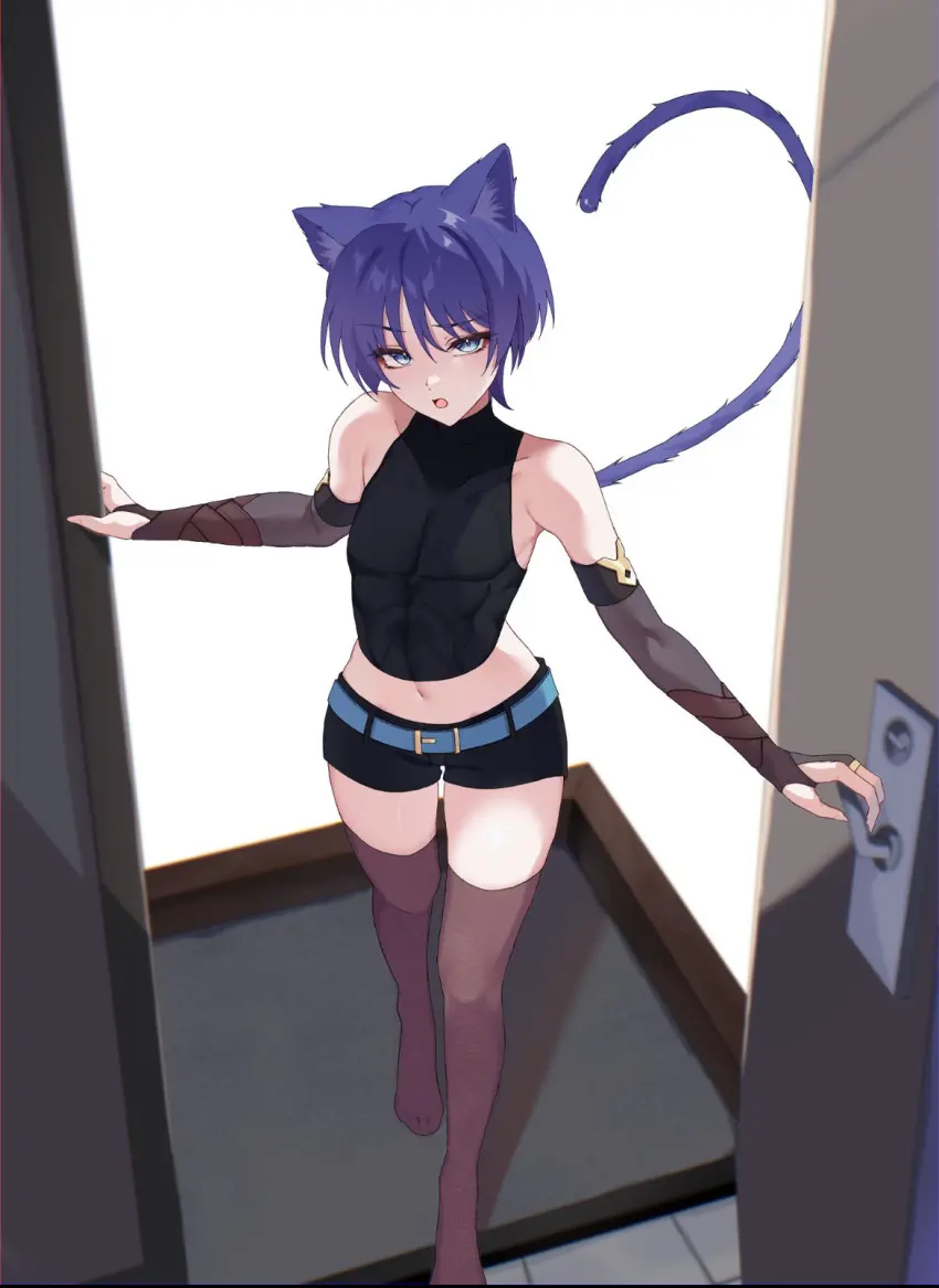 Image gloves,male,thighhighs,thighs,cat_ears,waist,femboy,cat_tail,genshin_impact,shorts,fingerless_gloves,armwear,catboy,scaramouche_(genshin_impact)