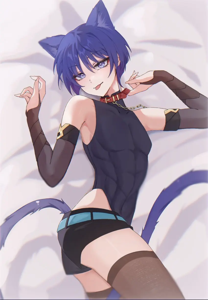 Image male,tongue_out,cat_ears,waist,femboy,cat_tail,genshin_impact,collar,catboy,scaramouche_(genshin_impact)