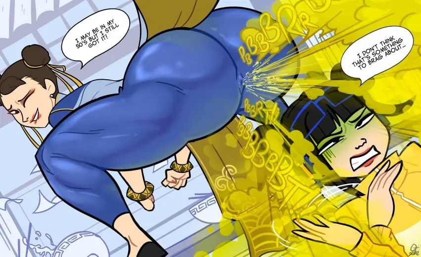 Image female,female_only,2girls,black_hair,multiple_girls,big_ass,big_butt,bubble_butt,thick_thighs,muscular,earring,text,tagme,thick_ass,brown_hair,tight_clothing,lipstick,big_thighs,text_bubble,fully_clothed,chun-li,street_fighter,blue_clothing,muscular_thighs,street_fighter_6,fart,scat,fart_cloud,fart_fetish,farting_on_another,gassy,smelly,anus_visible_through_clothes,yellow_shirt,stinky,farting_in_face,loud_fart,oddtenn,tenuousoddity,li-fen