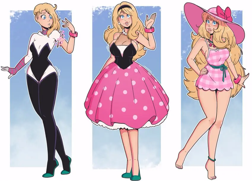 Image female,female_only,white_background,blue_background,hat,hairband,blonde_hair,bimbo,femsub,transformation,before_and_after,breast_expansion,marvel,marvel_comics,superheroine,spider-man_(series),brainwashing,sun_hat,sundress,superhero_costume,superhero,bimbofication,iq_loss,gwen_stacy,spider-gwen,intelligence_drain,intelligence_loss,mental_transformation,wrenzephyr2,barbie_(franchise),stepfordization,wide_brim_hat,barbara_millicent_roberts,barbie_(2023),barbie_(cosplay),barbie_(picnic_dress)