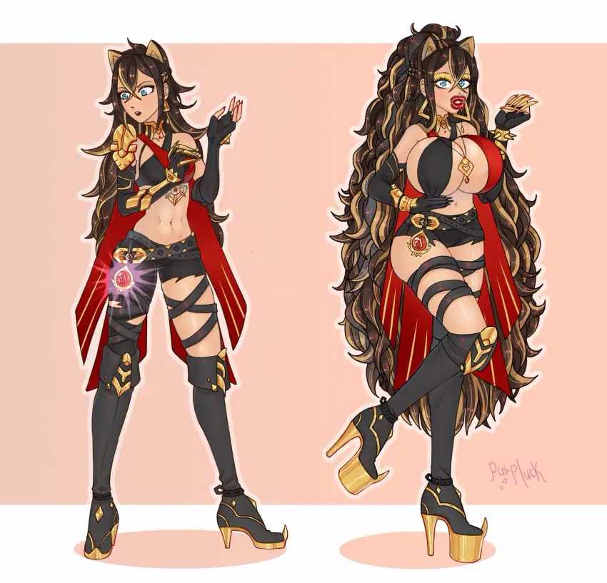 Image 1girls, breasts, female, female_only, large_breasts, simple_background, solo, standing, very_long_hair, absurdres, animal_ears, blue_eyes, gloves, navel, earrings, multicolored_hair, ponytail, cat_ears, cleavage, jewelry, huge_breasts, nail_polish, necklace, posing, genshin_impact, hand_on_hip, red_lipstick, bimbo, high_heels, eyeshadow, makeup, shorts, lipstick, femsub, before_and_after, ass_expansion, breast_expansion, hair_growth, long_nails, short_shorts, big_lips, kneehighs, lip_expansion, bimbofication, large_hips, dehya_(genshin_impact), huge_lips, opera_gloves, hypnotic_accessory, purpluck