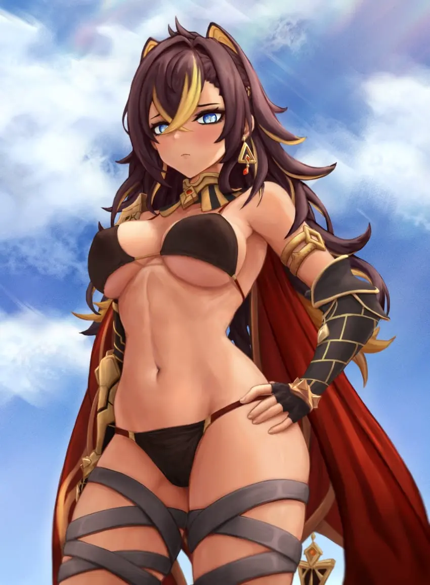 Image 1girls,big_breasts,breasts,female,female_only,long_hair,looking_at_viewer,bikini,two_tone_hair,armpits,sky,belly,belly_button,tagme,slim,genshin_impact,hand_on_hip,slim_waist,cape,two-tone_hair,ear_piercing,bikini_top,feet_out_of_frame,emotionless,bikini_bottom,neckwear,nipple_bulge,thigh_strap,armwear,messy_hair,emotionless_female,nipples_bulge,lowleg,lowleg_bikini,dehya_(genshin_impact),hair_ears,lowleg_panties,kinoko_kun