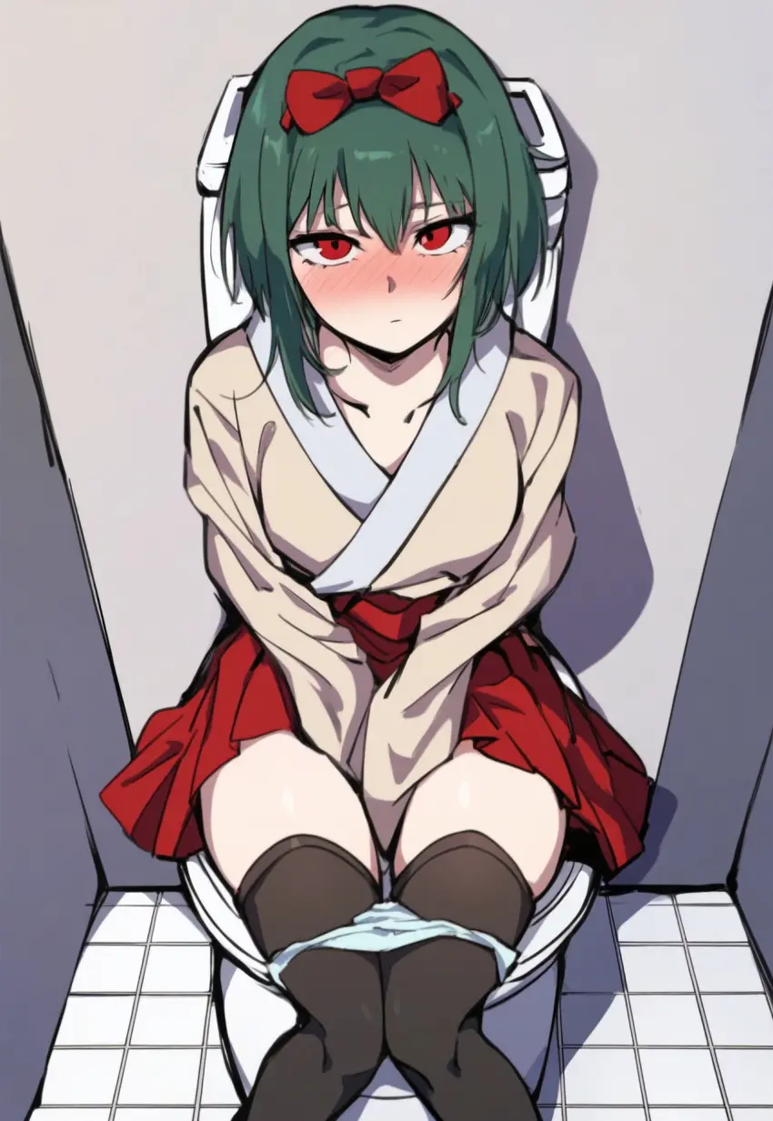 Image 1girls,blush,bow,breasts,female,female_only,hairbow,long_sleeves,looking_at_viewer,red_eyes,solo,short_hair,sidelocks,thighhighs,panties,underwear,embarrassed,ai_generated,collarbone,solo_female,sitting,indoors,self_upload,hair_between_eyes,green_hair,skirt,closed_mouth,pleated_skirt,bathroom,tile_floor,tiles,vocaloid,hakama,hakama_skirt,kimono,covering,hand_between_legs,panty_pull,knees_together_feet_apart,dark_green_hair,toilet,covering_crotch,between_legs,black_thighhighs,looking_up,japanese_clothes,blue_panties,red_skirt,red_bow,red_hakama,v_arms,pony_diffusion_xl,masa_works_design,gumi,milua,oni_to_kitsune_no_hanashi,arms_between_legs,hakama_short_skirt,mai_shishikusa