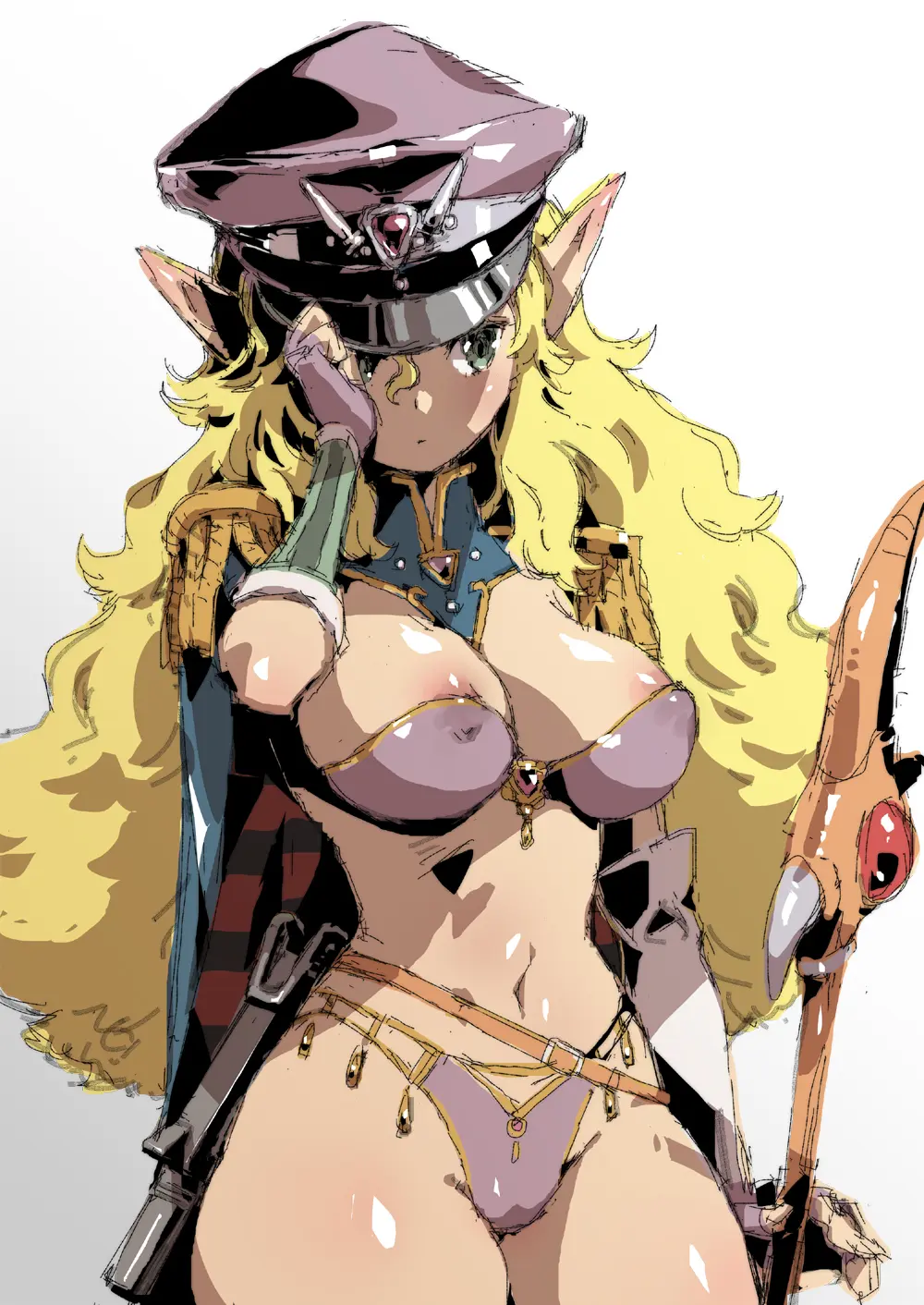 Image 1girls,breasts,clothing,female,female_only,highres,long_hair,simple_background,solo,standing,gloves,navel,bikini,thighs,wide_hips,areolae,cleavage,jewelry,gradient_background,blonde_hair,green_eyes,medium_breasts,elf,pointy_ears,2022,cape,revealing_clothes,belt,grey_background,fingerless_gloves,peaked_cap,long_ears,nipple_bulge,weapon,areola_slip,fluffy_hair,armor,military,gun,staff,serious,grey_gloves,bikini_armor,unconvincing_armor,military_hat,hand_on_hat,holding_staff,grey_bikini,petitdry,epaulettes,esper_(saga_2),saga_(series),saga_2