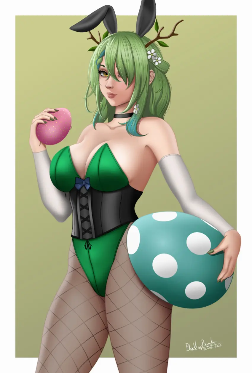 Image female,yellow_eyes,virtual_youtuber,vtuber,pinup,bunny_ears,hololive,green_hair,bunnysuit,hololive_english,hololive_english_-council-,hololive_english_-promise-,easter_egg,ceres_fauna,blackcapbandit