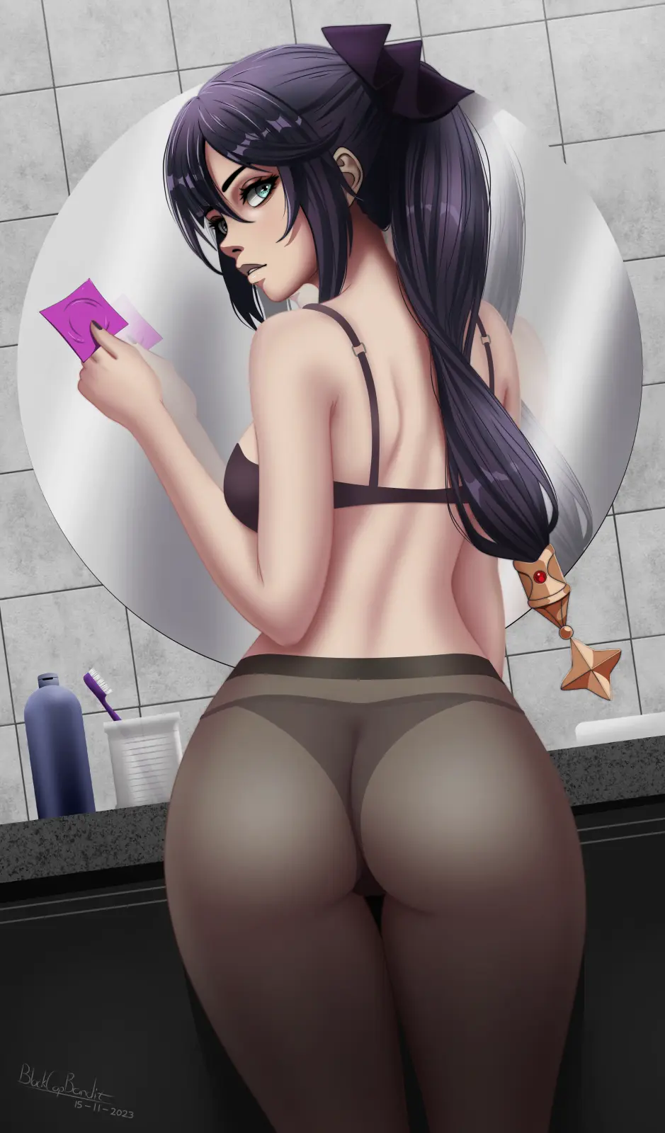 Image 1girls,female,female_only,looking_at_viewer,underwear,ass,tagme,dark_hair,genshin_impact,condom,mona_(genshin_impact),leggings,ponytails,blackcapbandit