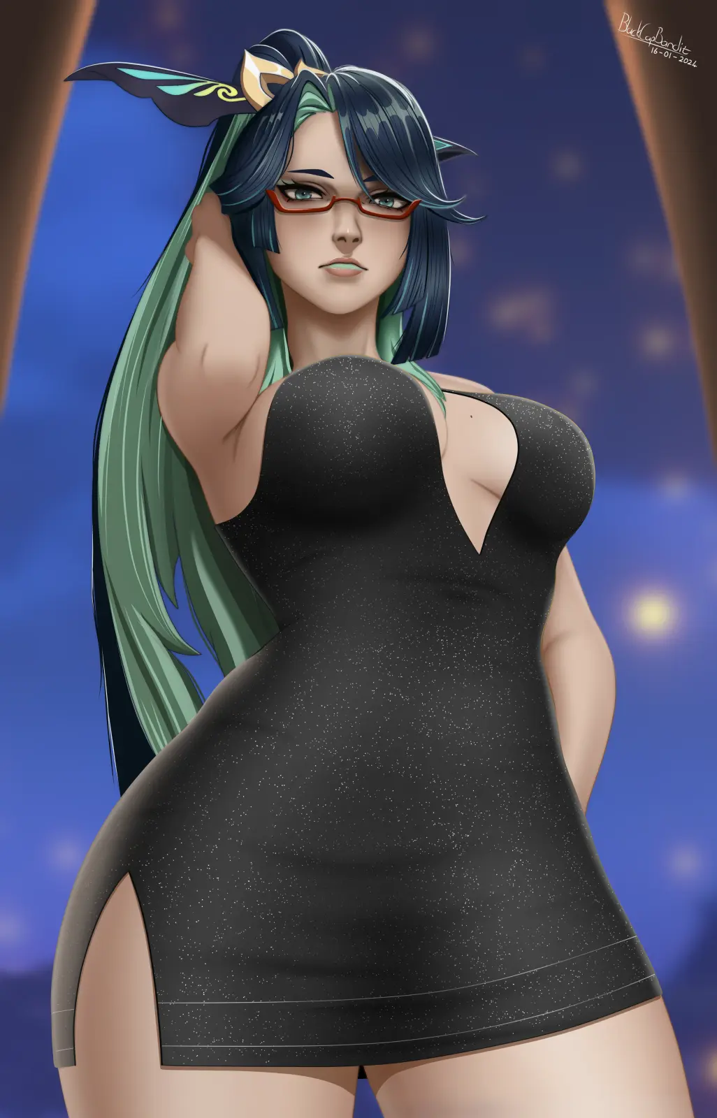 Image female,female_only,looking_at_viewer,thighs,ponytail,cleavage,digital_media_(artwork),glasses,dress,pinup,genshin_impact,xianyun_(genshin_impact),blackcapbandit