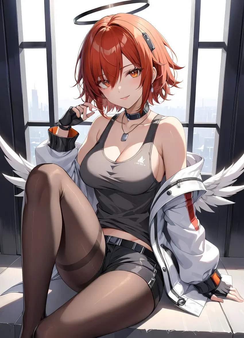 Image breasts,female,highres,red_hair,orange_eyes,arknights,ai_generated,medium_breasts,halo,shorts,high_resolution,pantyhose,black_pantyhose,exusiai_(arknights),nej
