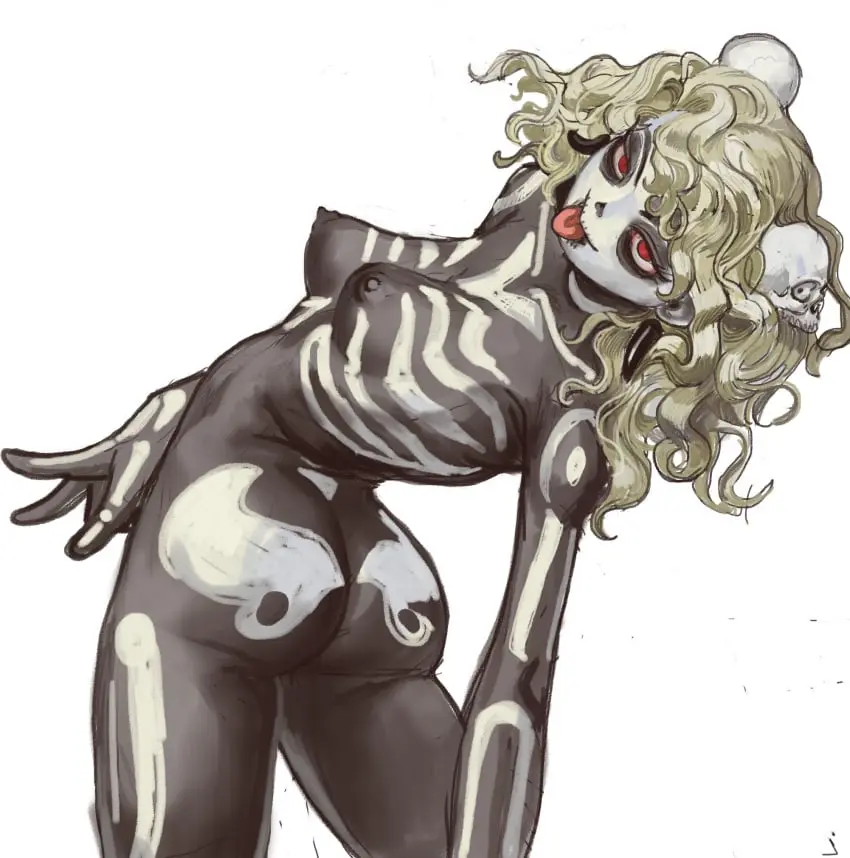 Image 1girls,breasts,female,female_only,nipples,red_eyes,solo,white_background,nude,tongue_out,ass,curly_hair,small_breasts,areolae,solo_female,blonde_hair,makeup,erect_nipples,bodypaint,flexible,painted_clothes,skeleton_bodypaint,bent_back,mossa,dana_bas,oi!_tales_of_bardic_fury