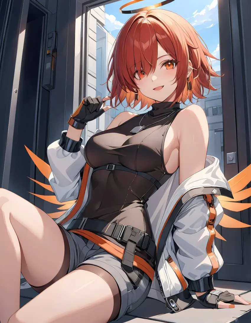 Image highres,red_hair,orange_eyes,arknights,ai_generated,halo,shorts,high_resolution,white_jacket,exusiai_(arknights),nej
