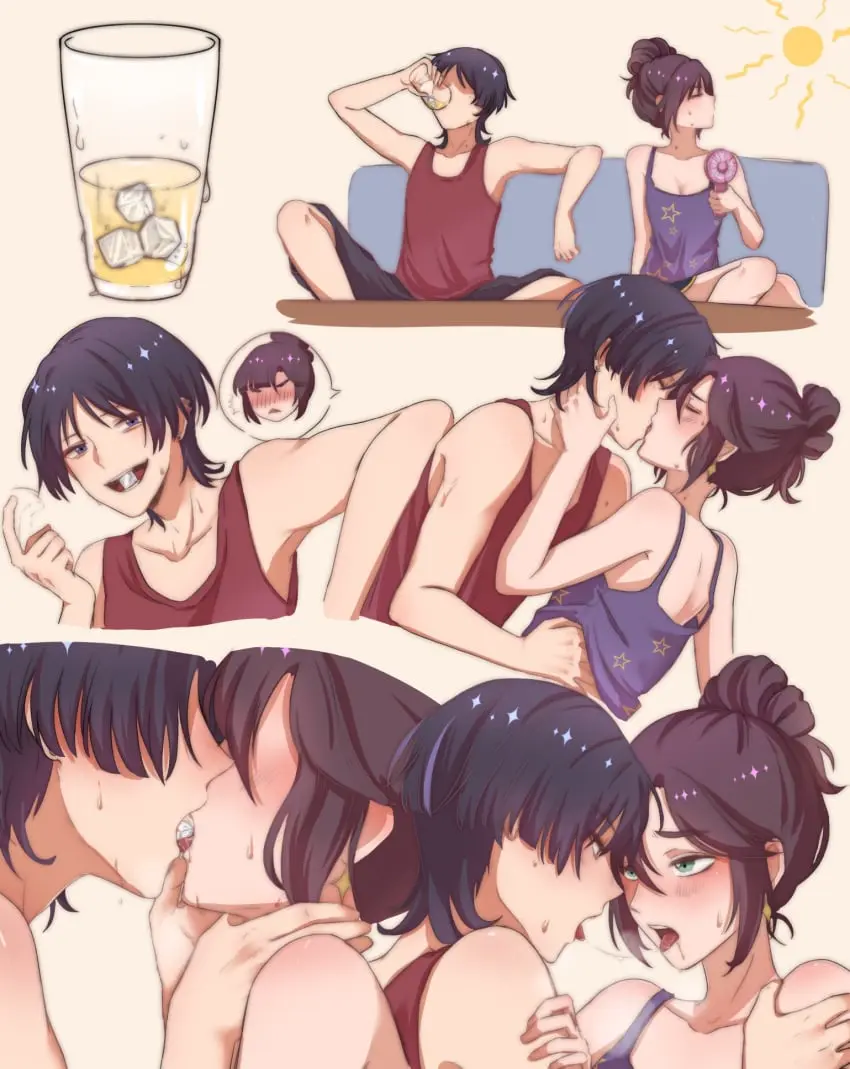 Image 1girls,blush,breasts,female,1boy,male,straight,sweat,saliva_string,genshin_impact,saliva,mona_(genshin_impact),couch,kissing,french_kiss,sun,ice,drink,french_kissing,scaramouche_(genshin_impact),ice_cube,naysucc