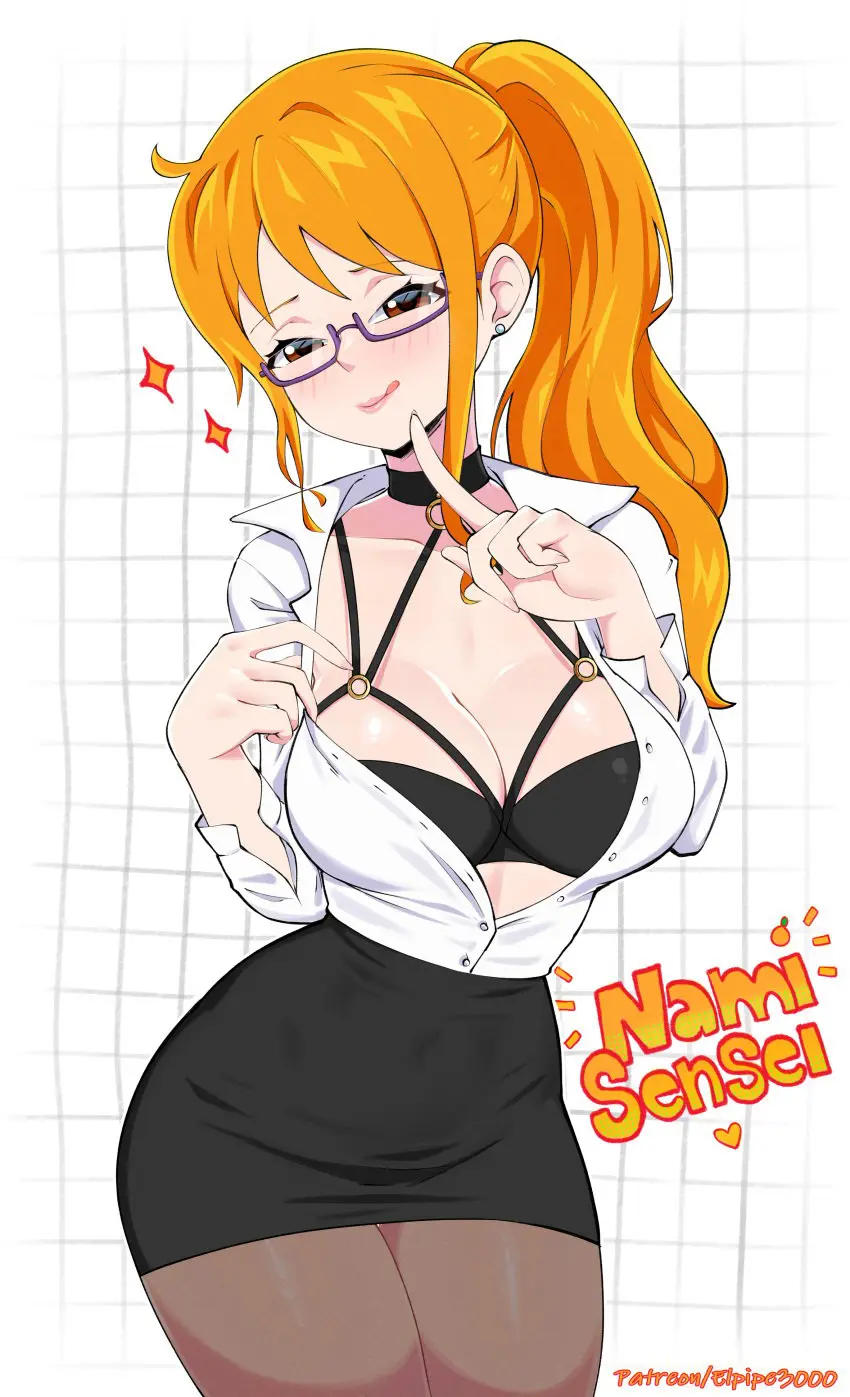 Image 1girls,big_breasts,blush,breasts,clothed,clothing,female,female_only,hi_res,large_breasts,light-skinned_female,light_skin,long_hair,looking_at_viewer,solo,bra,female_focus,thick_thighs,one_piece,orange_eyes,color,nami_(one_piece),orange_hair,post-timeskip,solo_female,glasses,text,tagme,shounen_jump,english_text,teacher,teacher_outfit,elpipe3000