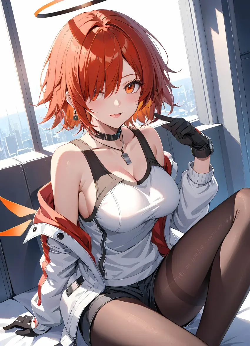 Image highres,black_gloves,red_hair,orange_eyes,arknights,ai_generated,halo,white_shirt,shorts,high_resolution,pantyhose,black_pantyhose,exusiai_(arknights),nej