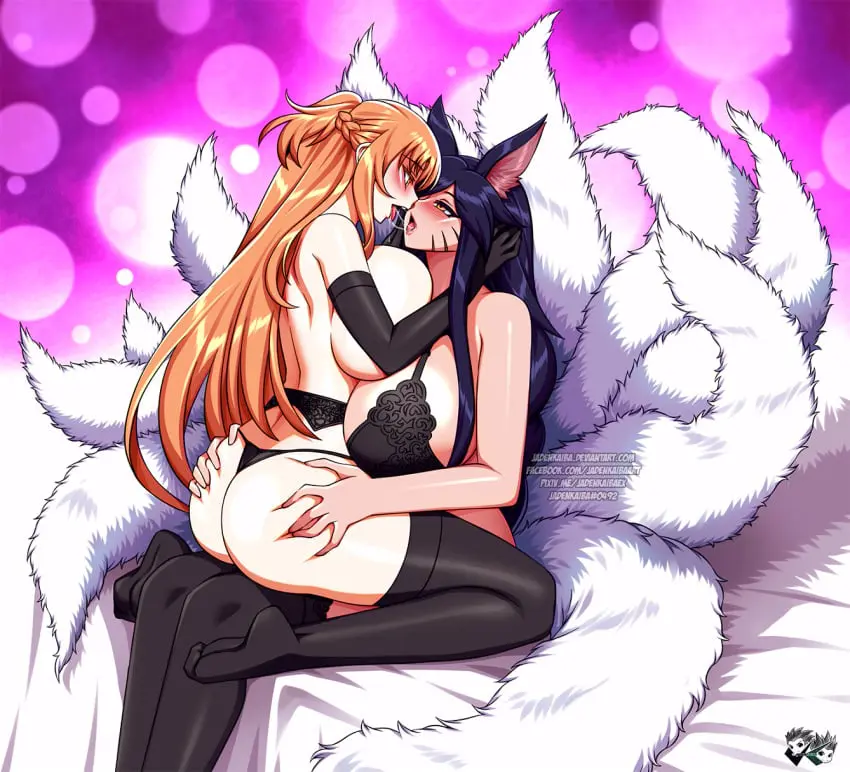 Image blush,breasts,female,large_breasts,long_hair,2girls,bra,ass,bubble_butt,jadenkaiba,lingerie,yuri,fox_ears,fox_girl,fox_tail,league_of_legends,saliva_trail,crossover,sword_art_online,amber_eyes,ahri,auburn_hair,default_ahri,yuuki_asuna