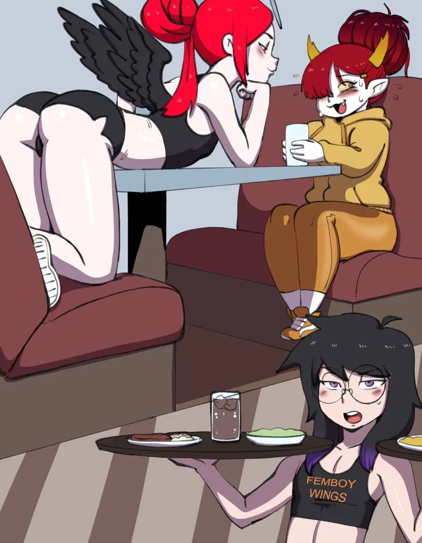 Image 1girls,female,human,male,red_hair,embarrassed,femboy,glasses,angel_wings,angel,black_wings,tray,shortstack,embarrassed_female,tank_top,hair_bun,short_shorts,star_vs_the_forces_of_evil,flirting,hekapoo,2femboys,darkeros13,restaurant,abby_angel_(marisfaraway),femboy_wings,lucy_(marisfaraway)