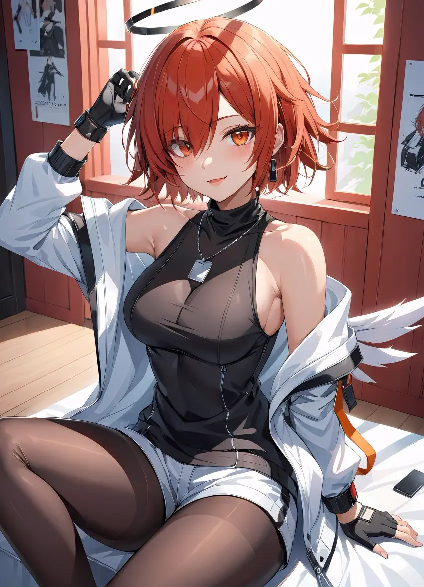 Image highres,gloves,red_hair,orange_eyes,arknights,ai_generated,halo,shorts,high_resolution,pantyhose,white_shorts,black_shirt,black_pantyhose,exusiai_(arknights),nej