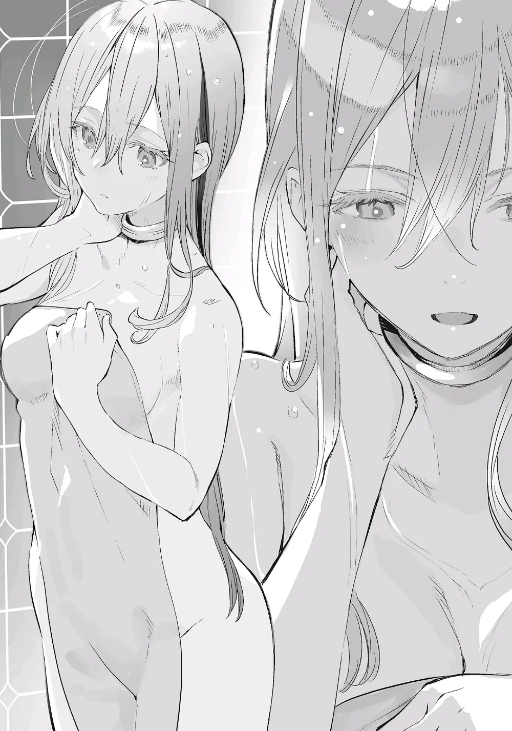 Image blush,breasts,female,long_hair,smile,thighs,bare_shoulders,sideboob,black_and_white,towel,almost_naked,shower,bare_arms,official_art,groin,towel_only,novel_illustration,86_-eightysix-,shirabi_(life-is-free),vladilena_millize