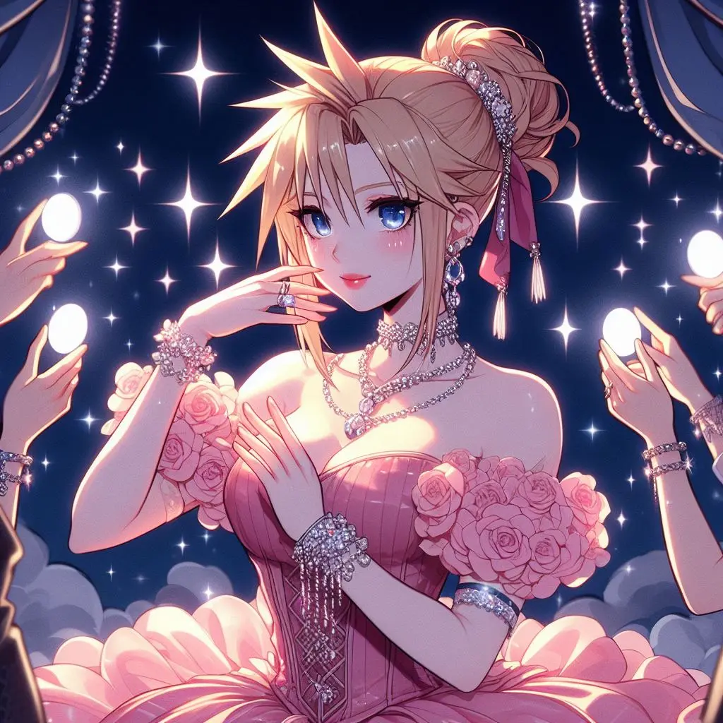 Image blush,looking_at_viewer,smile,blue_eyes,ai_generated,cleavage,jewelry,blonde_hair,dress,final_fantasy,final_fantasy_vii,final_fantasy_vii_remake,lipstick,rule_63,cloud_strife,genderswap_(mtf),genderswap,unseen_character,cloudette_strife,formal_dress,gala_dress