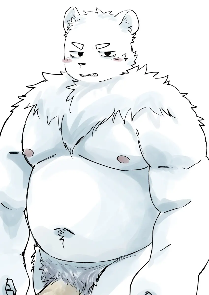 Image blush,hi_res,looking_at_viewer,nipples,simple_background,solo,white_background,male,navel,penis,embarrassed,male_only,eyebrows,teeth,anthro,half-closed_eyes,clenched_teeth,fur,genitals,mammal,black_eyes,narrowed_eyes,angry,2024,white_body,male_focus,bear,white_fur,pubes,overweight,moobs,polar_bear,ursine,tobyou_222