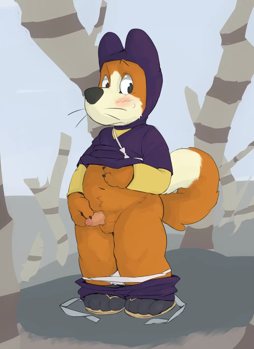 Image blush,clothed,clothing,hi_res,human,looking_at_viewer,pants,solo,male,navel,penis,sweat,tail,underwear,erection,embarrassed,balls,anthro,pants_down,tan_body,socks,slightly_chubby,bodily_fluids,canid,canine,canis,domestic_dog,footwear,fur,genitals,mammal,black_socks,partially_clothed,orange_body,2024,outside,tree,plant,raised_clothing,raised_topwear,topwear,tan_fur,orange_fur,sandals,black_clothing,black_footwear,bottomwear,bottomwear_down,shu_(dragon_ball),holding_own_penis,ninja_costume,seth-iova