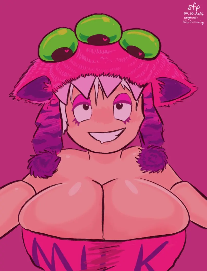 Image big_breasts,breasts,female,white_hair,fair_skin,pink_nipples,huge_breasts,sleeveless,sleeveless_shirt,pink_background,pink_hat,relaxed_expression,slickflipper,beach_buggy_racing_2,mikka_(bbr2),monster_hat,pink_sleeveless