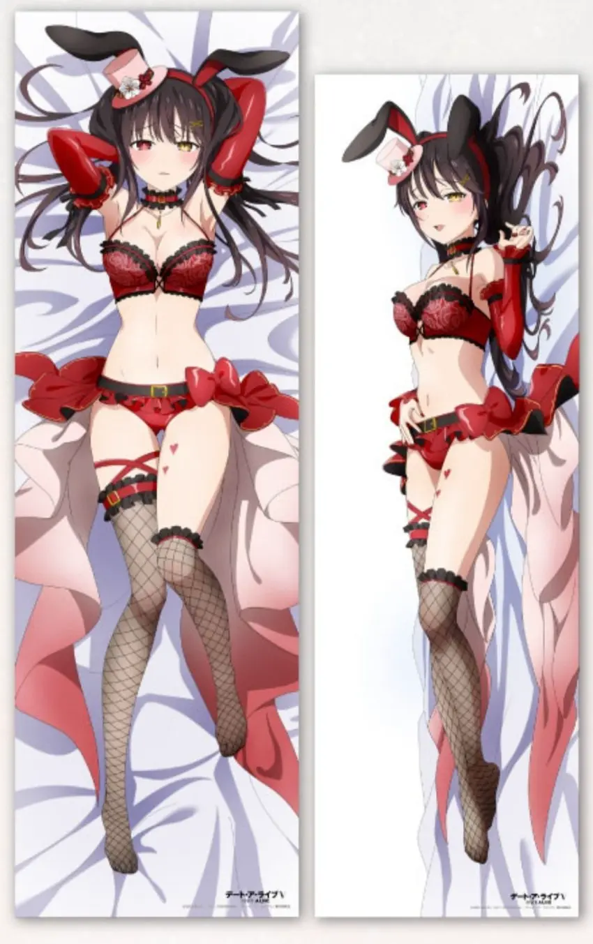 Image blush, open_mouth, smile, black_hair, bra, panties, underwear, hat, thighs, feet, armpits, arms_behind_head, bare_belly, belly_button, bunny_ears, heterochromia, belt, fishnets, toes, dakimakura, date_a_live, official_art, hand_on_belly, tokisaki_kurumi, red_lingerie, dakimakura_design