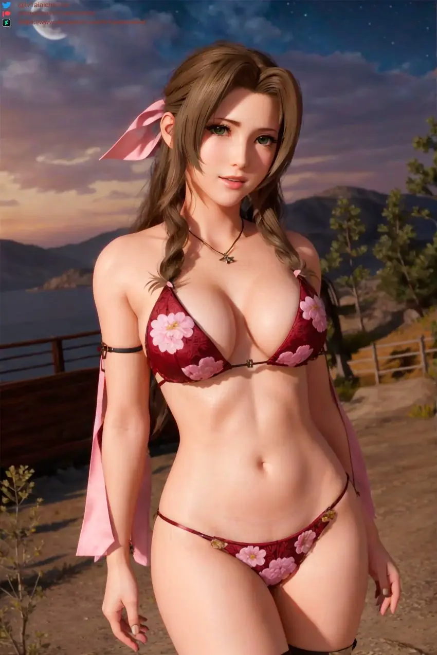 Image female,bikini,ai_generated,green_eyes,brown_hair,final_fantasy,final_fantasy_vii,final_fantasy_vii_remake,aerith_gainsborough,final_fantasy_vii_rebirth