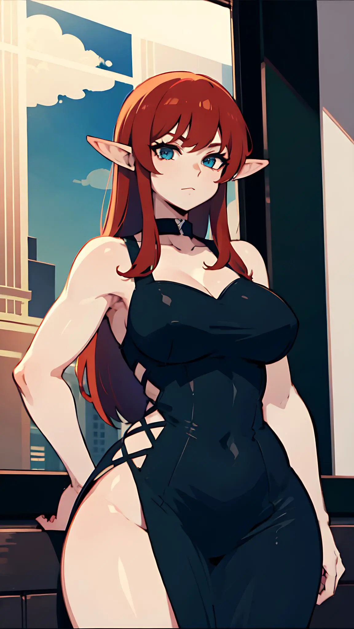 Image female,red_hair,thick_thighs,ai_generated,dress,elf,elf_ears,elf_female
