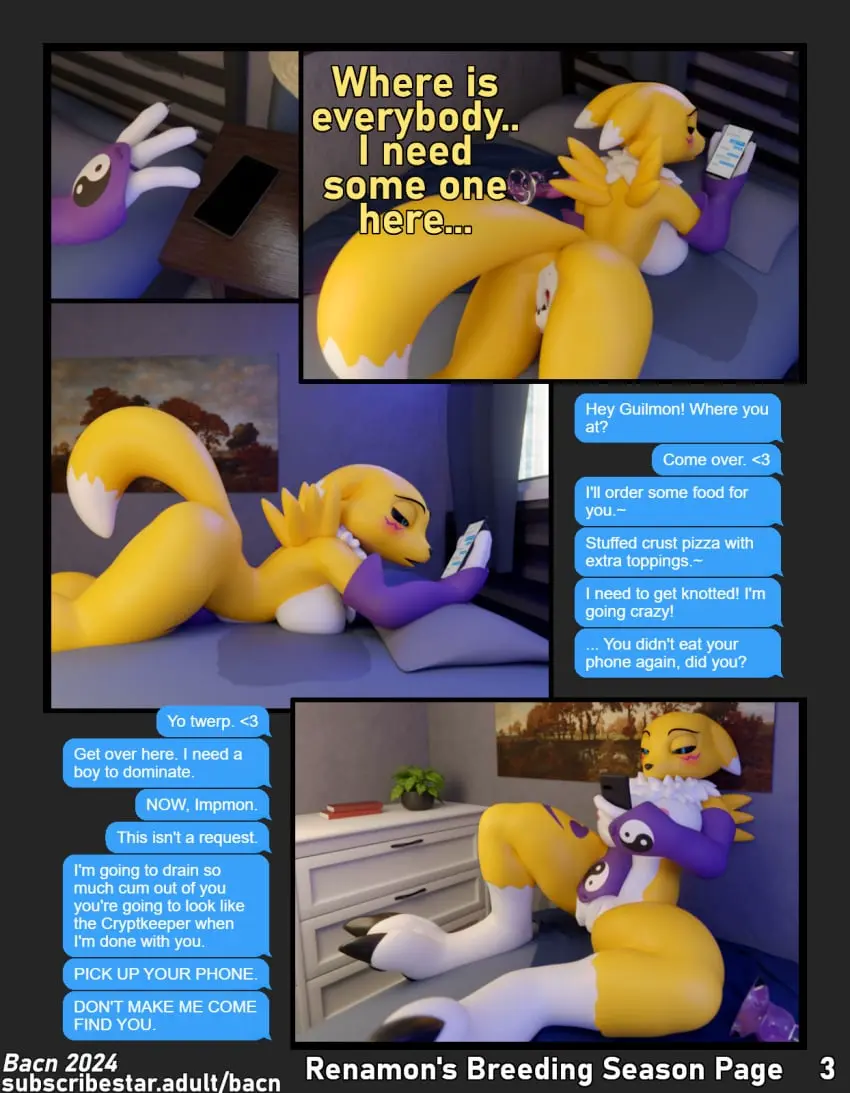 Image 1girls,big_breasts,blush,breasts,clothed,clothing,female,female_only,hi_res,open_mouth,solo,blue_eyes,pussy,tail,lying,ass,digital_media_(artwork),anthro,text,anus,spread_legs,spreading,on_bed,bed,3d,comic,masturbation,bedroom,bodily_fluids,canid,canine,fur,genitals,holding_object,mammal,dialogue,sex_toy,yellow_body,dildo,english_text,partially_clothed,2024,white_body,electronics,furniture,bandai_namco,digimon,digimon_(species),fox,plant,renamon,detailed_background,white_fur,armwear,phone,black_sclera,cellphone,smartphone,page_number,on_front,texting,page_3,bacn,renamon_(bacn)